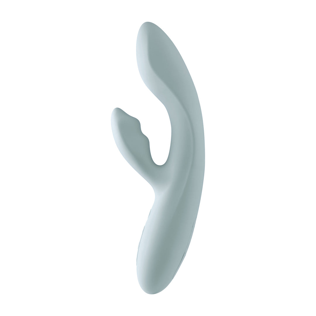 Vue de profil du Chika de Svakom en bleu dragée on aperçoit les deux aspérités présentes sur l'embout conçu pour la stimulation du clitoris. 