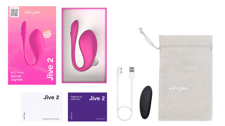 Le vibromasseur Jive 2, accompagné de sa télécommande et de ses accessoires : un câble de recharge USB et une carte informative, montrant comment le produit est vendu et soulignant sa facilité d'utilisation.