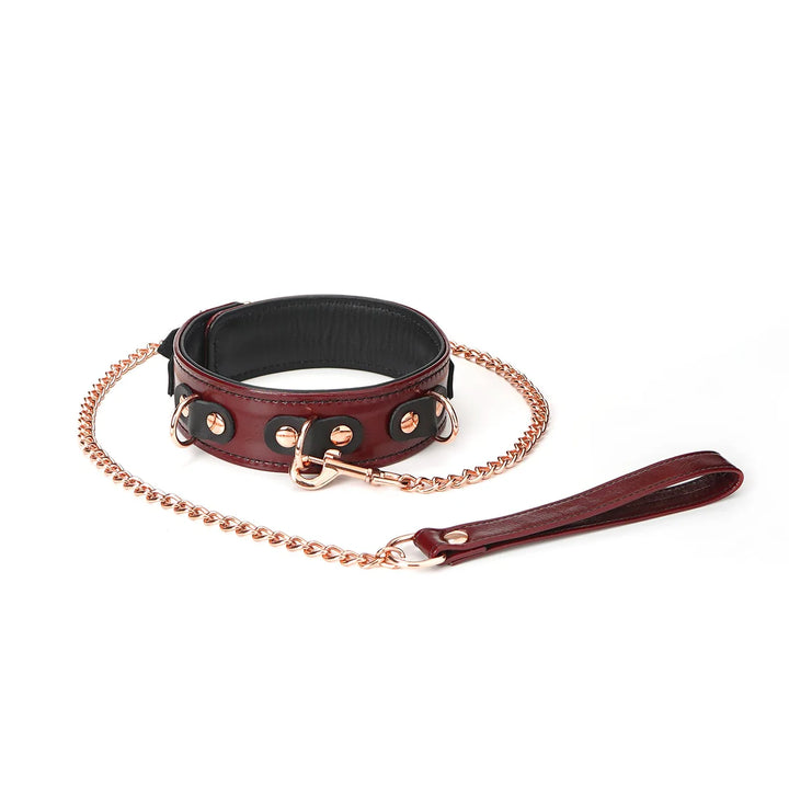 Liebe Seele - Collier en Cuir Rouge Bordeaux avec Laisse &amp; Bouclerie Or Rose