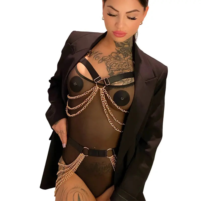 Harnais chaine poitrine or rose - Lovely Sins