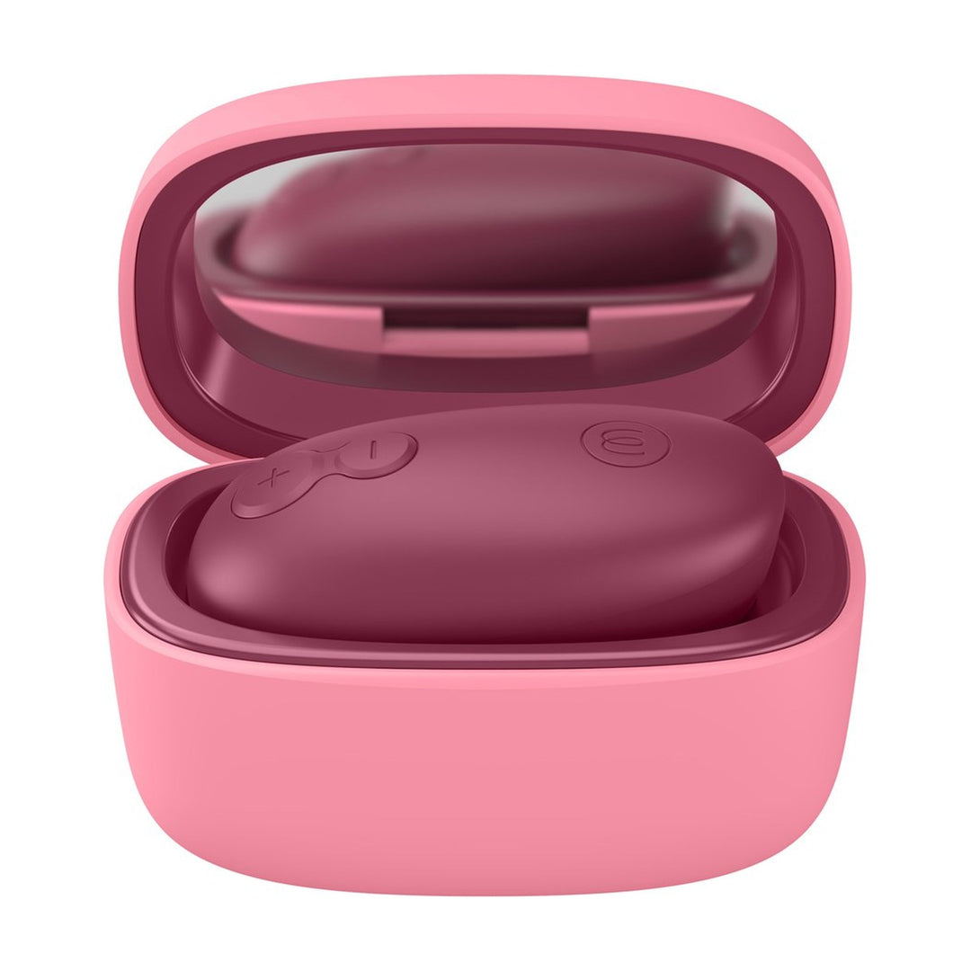 Étui de recharge du Womanizer Snap ouvert, vue de dessus avec le jouet et ses boutons