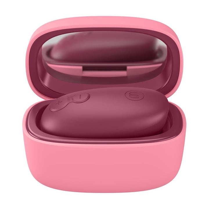 Étui de recharge du Womanizer Snap ouvert, vue de dessus avec le jouet et ses boutons