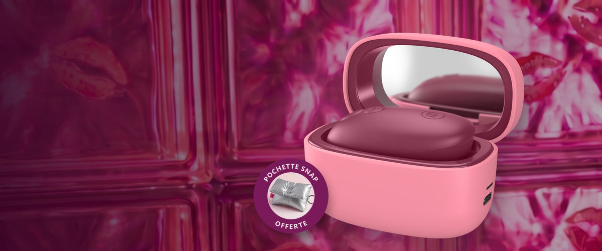 Womanizer Snap dans son étui ouvert avec la vignette Pochette Snap offerte