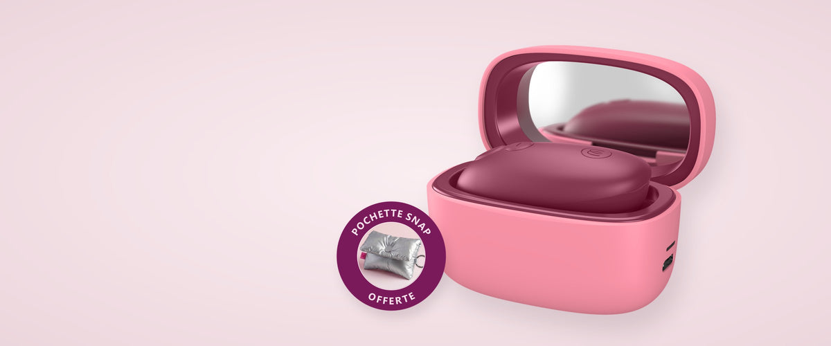 Womanizer Snap dans son étui ouvert avec la vignette Pochette Snap offerte