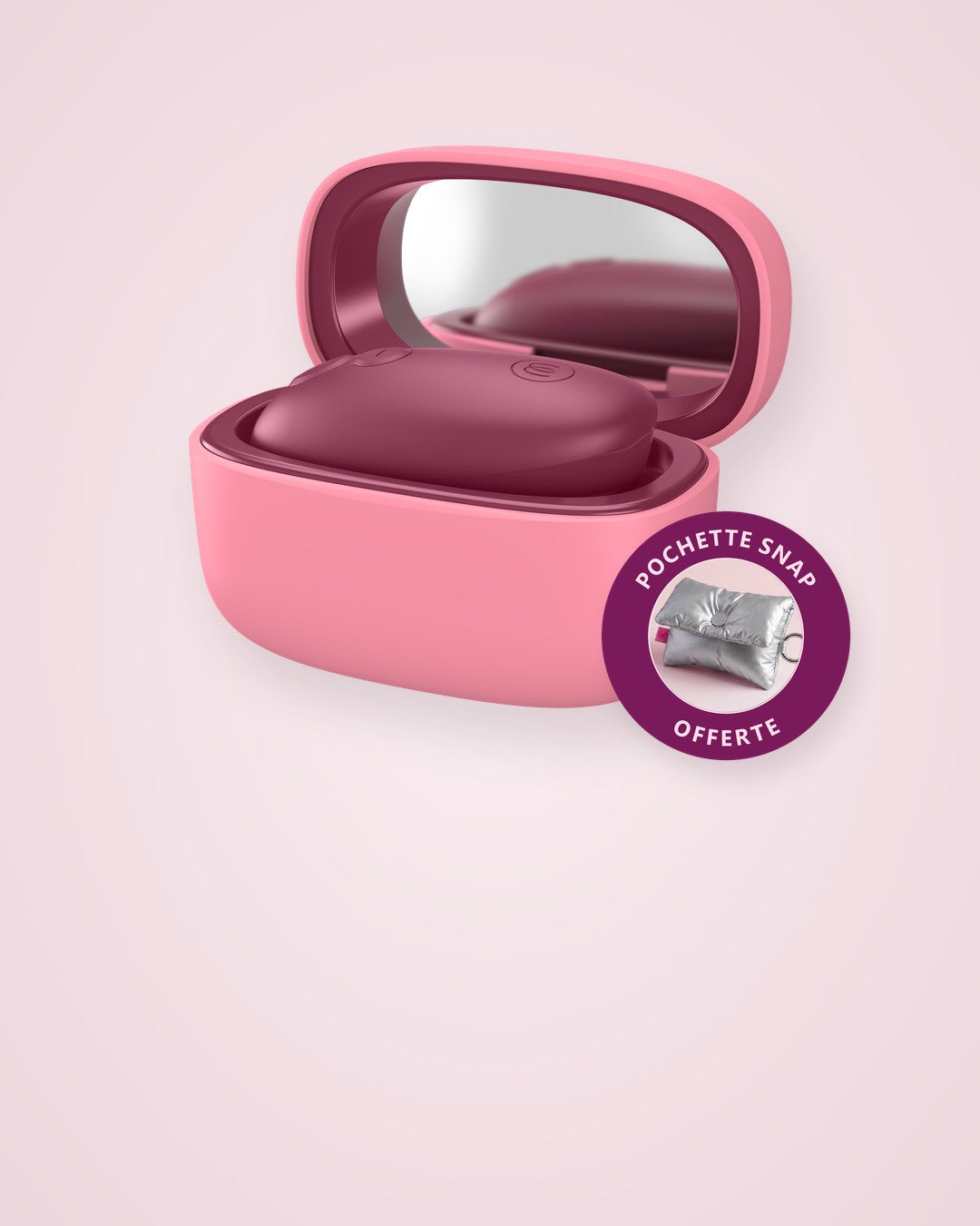 Womanizer Snap dans son étui ouvert avec la vignette Pochette Snap offerte