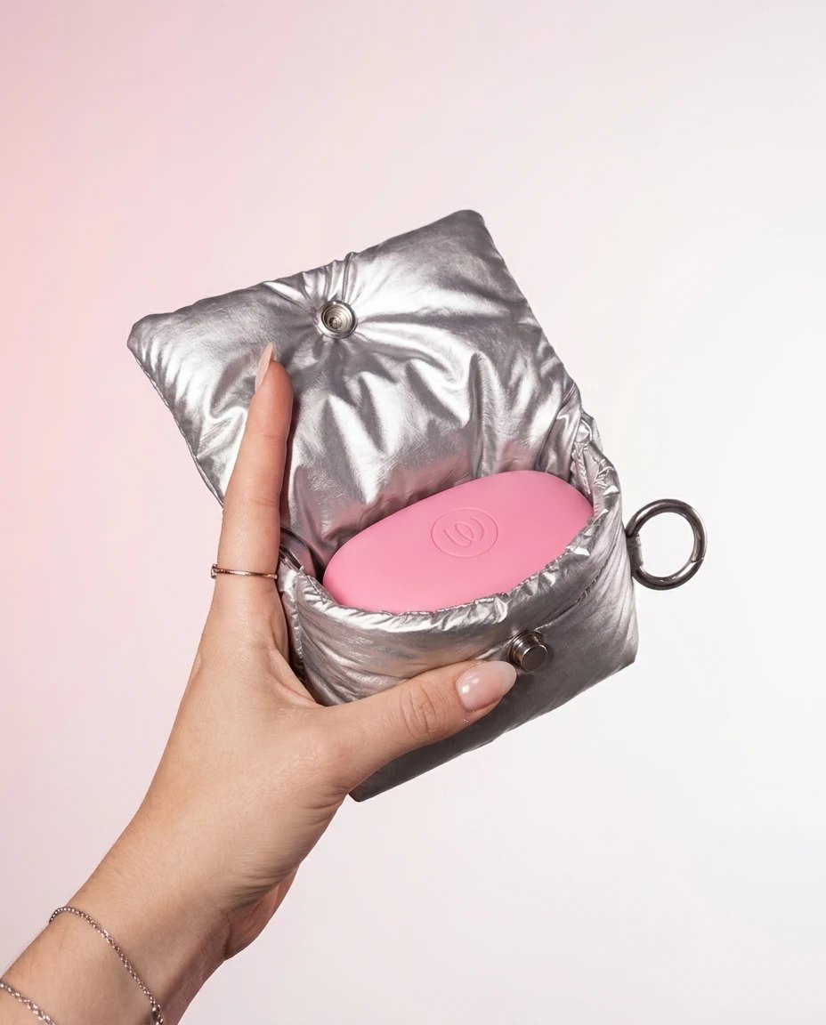 Main tenant la pochette Snap ouverte avec le Womanizer Snap à l'intérieur