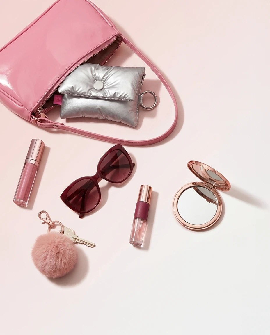 Pochette Snap rangée dans un sac rose avec rouge à lèvres, lunettes et miroir de poche