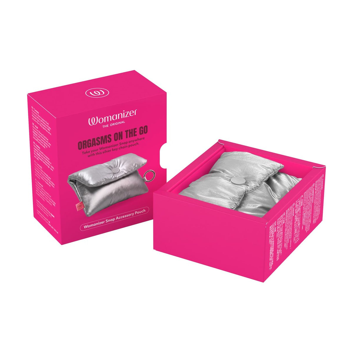 Pochette accessoire Snap, packaging ouvert, avec le Womanizer Snap rangé à l'intérieur