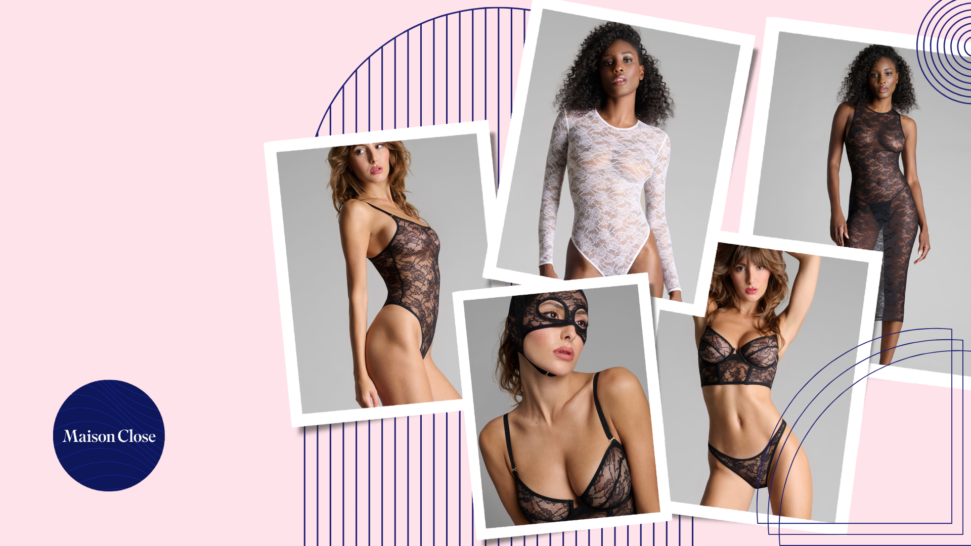 Banner de présentation de la nouvelle collection flashback de Maison Close Alliant plusieurs tenues de lingerie sexy en dentelle florale noire et blanche