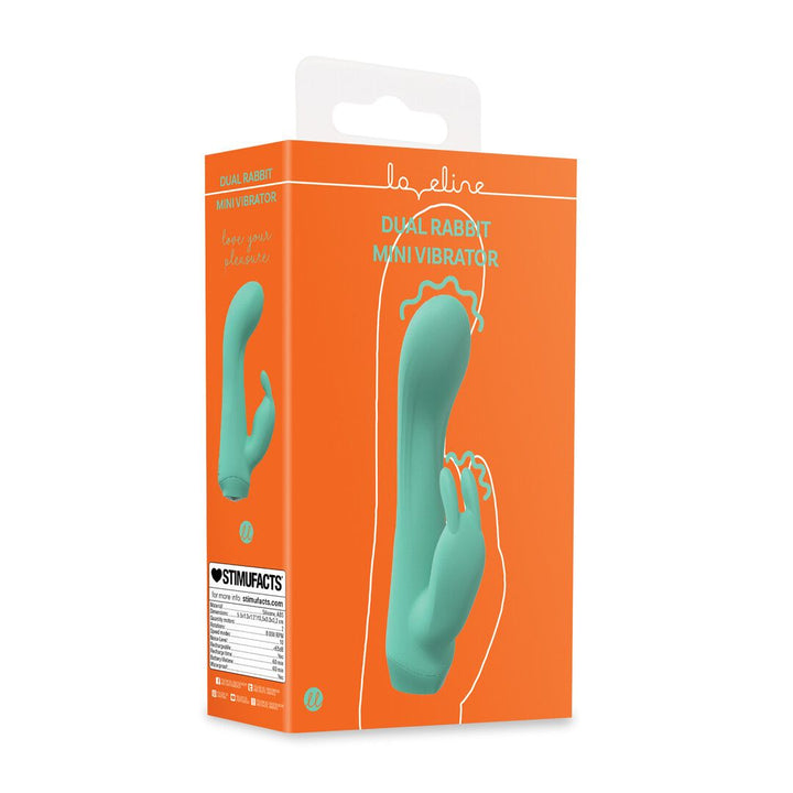 Boîte du mini vibromasseur Dual Rabbit Loveline avec ses spécifications