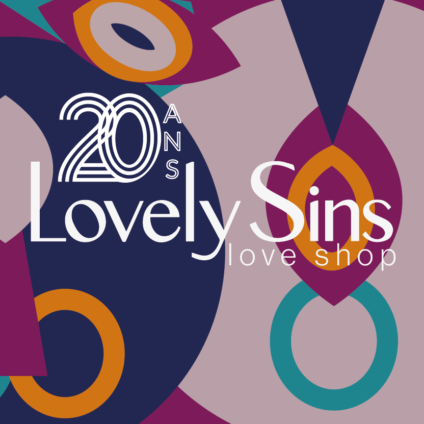 Logo Principal du Love Shop Lovely Sins avec le macaron célébrant les 20 ans d'expertise de la boutique en matière d'éducation sexuelle. 