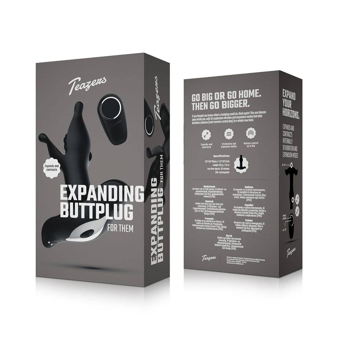 Boîte du plug anal extensible Teazers Expanding Buttplug, face et dos