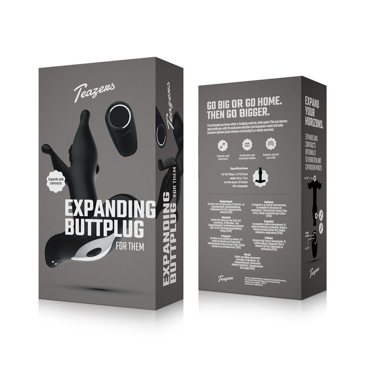 Boîte du plug anal extensible Teazers Expanding Buttplug, face et dos
