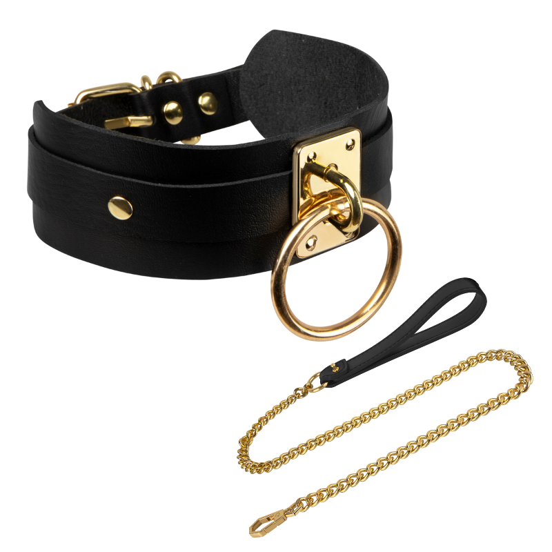 Collier O-Ring avec Laisse de Luxe - Noir et Doré - Lovely Sins